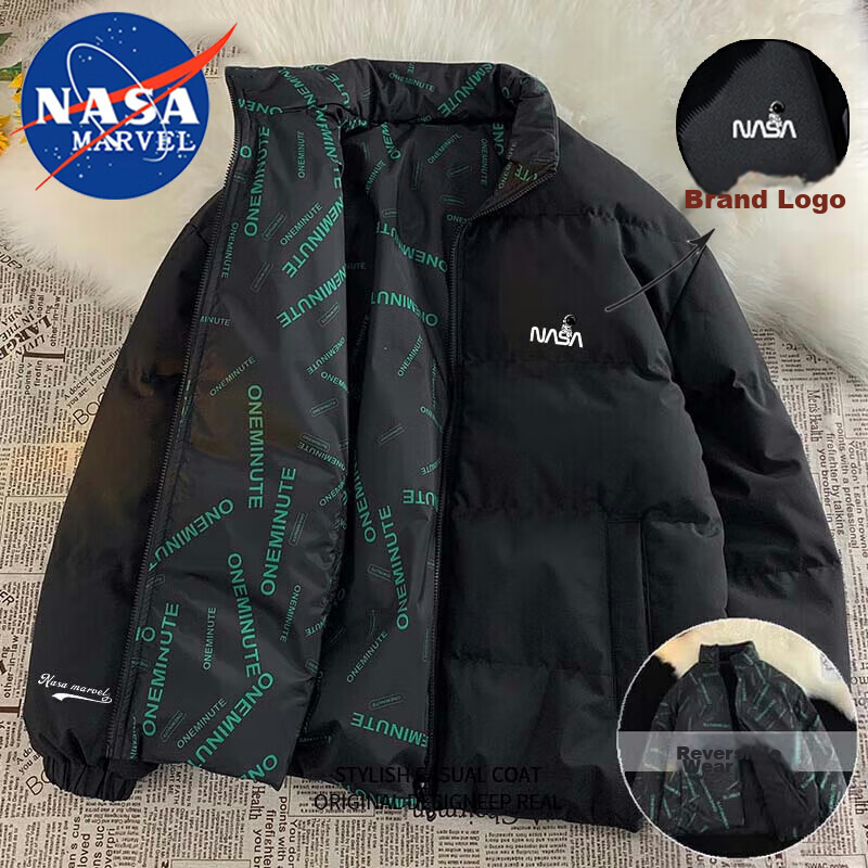 NASA MARVEL Cotton Jacket for Men, Winter Coat, Versatile Thick Warm Puffer Jacket, Reversible Couple's Outfit, Casual Cotton Coat