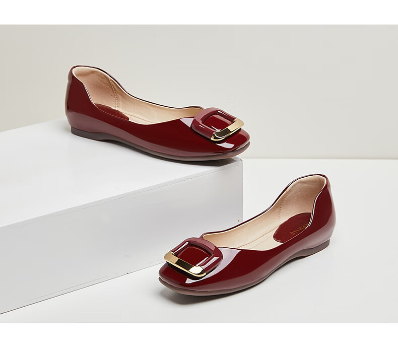 DAPHNE French Shallow Women's Flat Shoes, Red Elegant Loafers with Square Buckle, Style 4623101054, Red, Size 35 21