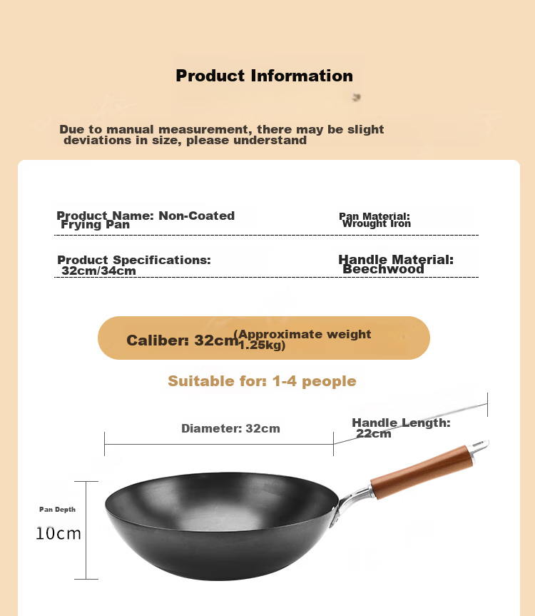 Jincun Wok Iron Pan Lightweight Stir-Fry Pan Non-Coated Rust-Resistant Round Bottom Pure Iron Non-Stick for Gas Stove 34cm 12