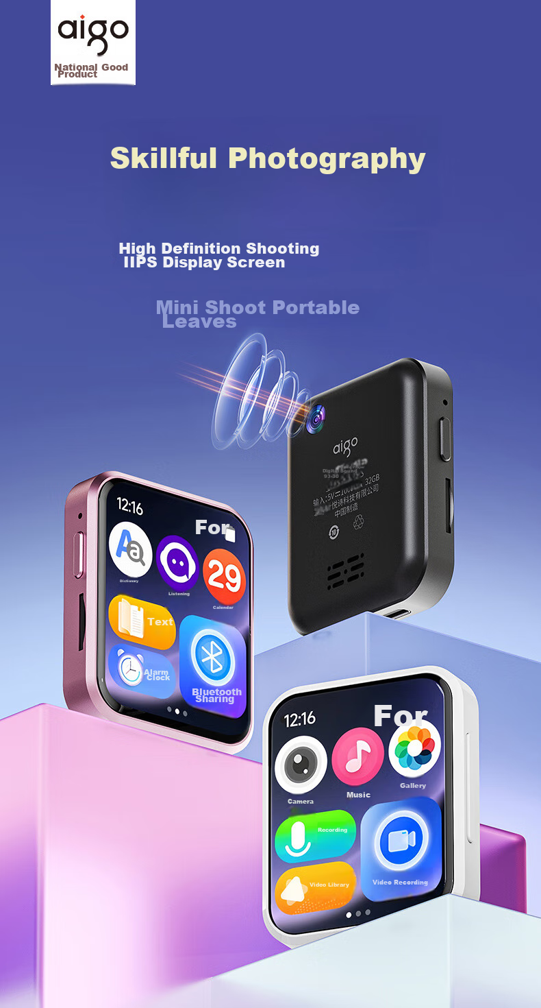 Aigo MP3/MP4 Video Player, 2-Inch Touchscreen, Bluetooth 5.4 External Speaker, Lossless HIFI, Student English Portable Player, E-Book Reader, Camera, Photo And Video Capture, 805-64GB 2