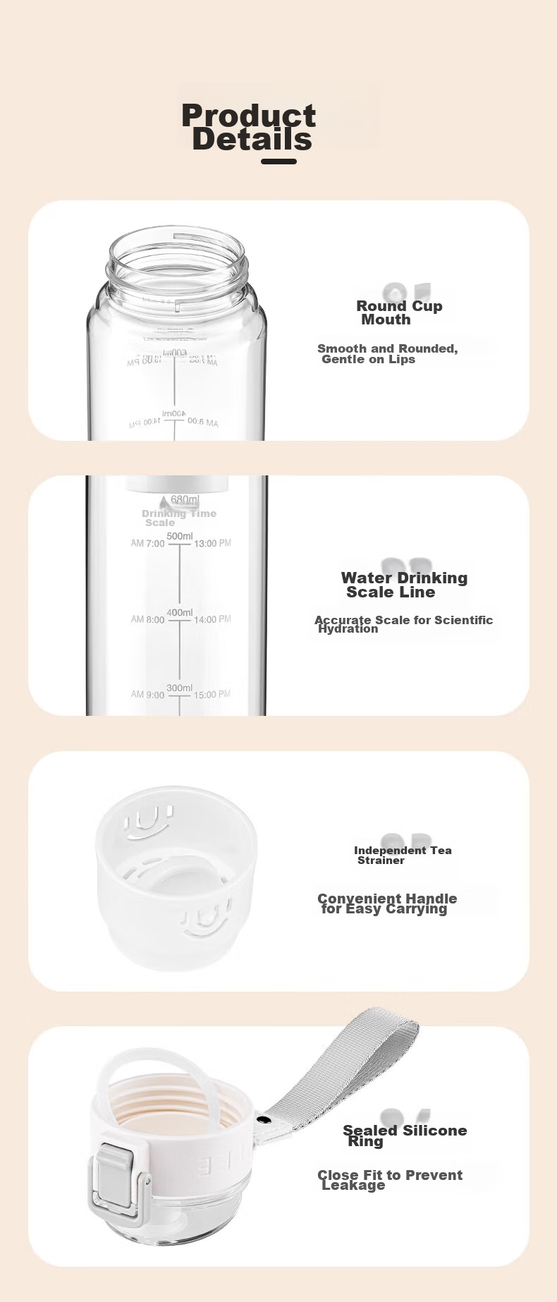 Cille Tritan Plastic Cup, Sports Water Bottle for Men And Women, Stylish Outdoor Cup, Portable with Filter, Snowball White, 680ml 10