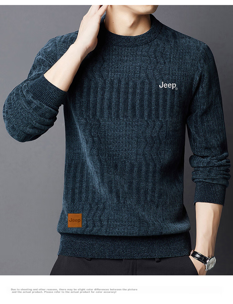 JEEP Men's Sweater, Autumn And Winter Fleece-Lined Thick Warm Knit Pullover, Round Neck Menswear, Black Fleece-Lined, 4XL 23