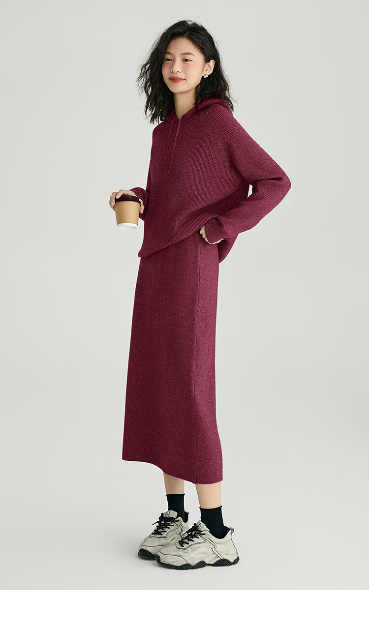 DME Relaxed Knit Set Spring Autumn Hoodie Knit Top + Elastic Knit Skirt Two-Piece Set 9