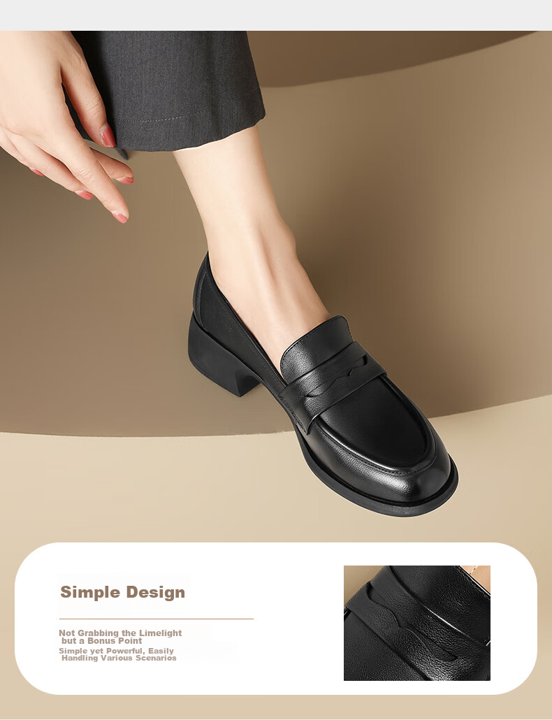 ZHR Top-Grain Leather Loafers for Women with Chunky Heel, Slip-On Soft-Soled Work Shoes for Women KM03 Black Size 37 4