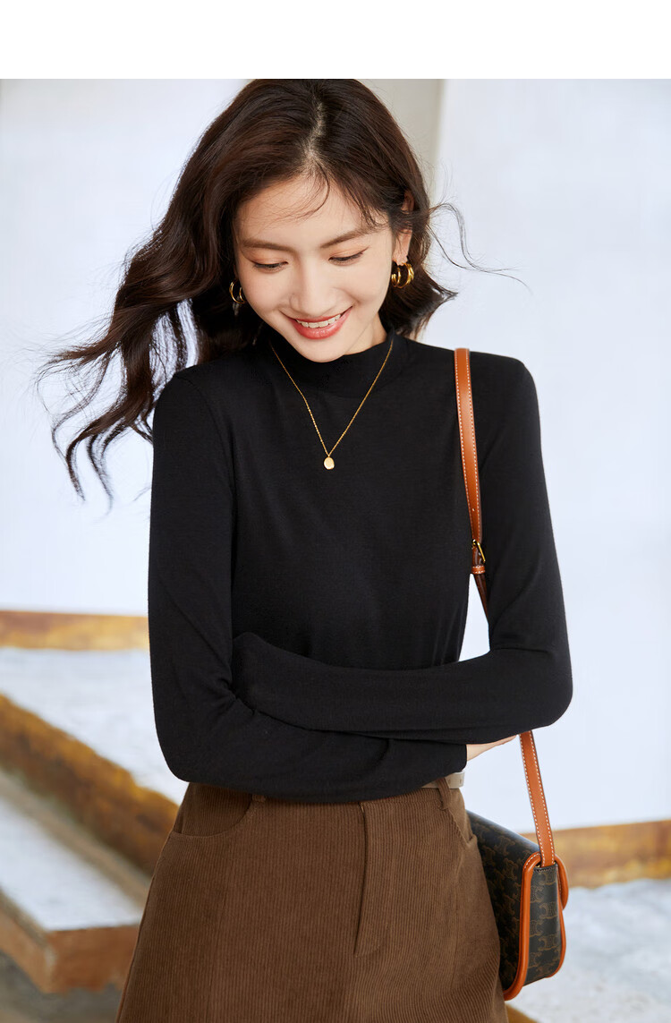 NOME Semi-Turtleneck Fleece Base Layer Women's New Warm Underwear, Fleece-Lined Thermal Top for Autumn And Winter, Black, M 11