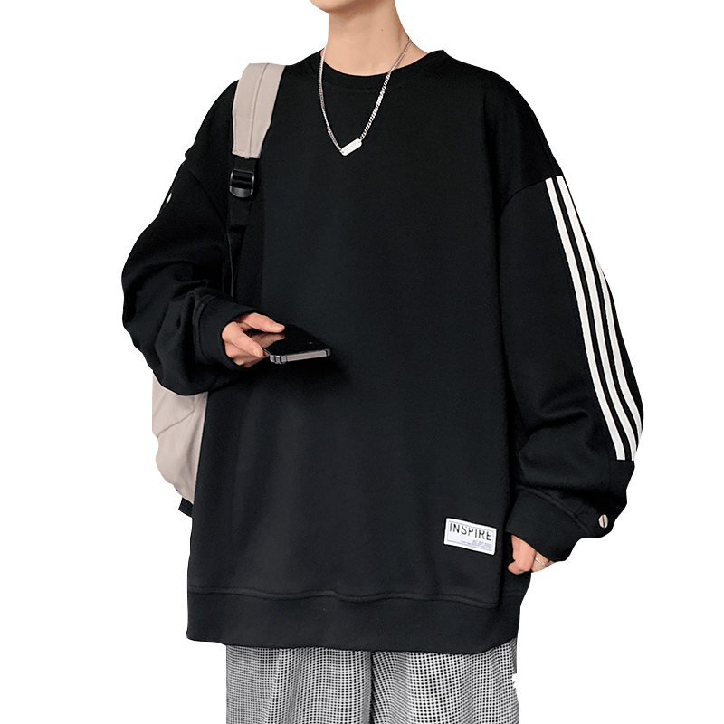 Foss Phil Men's Sweatshirt, Spring And Autumn Casual Loose Long-Sleeve T-Shirt, Striped Round Neck Top, 8801 Black L
