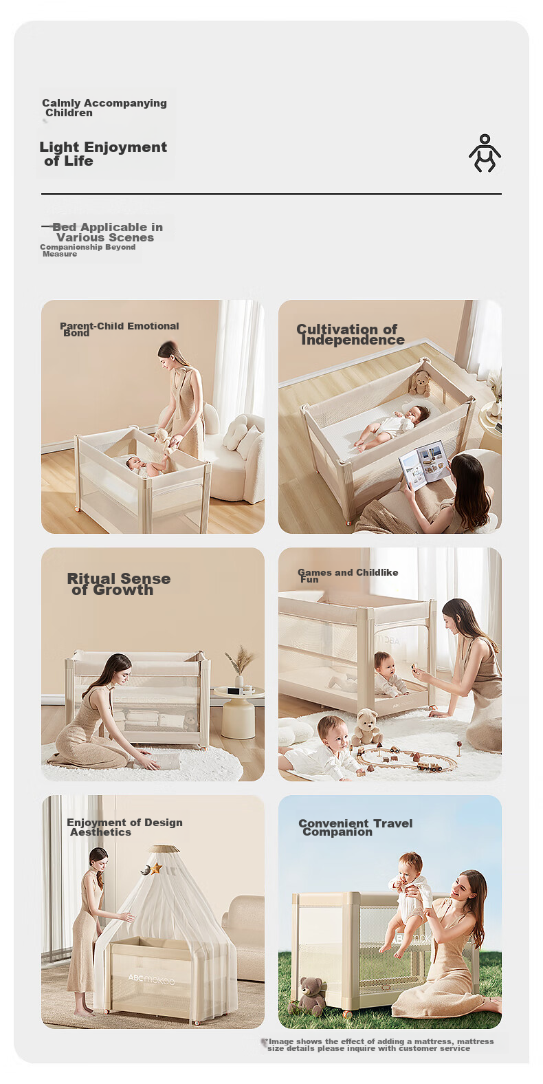 ABCMOKOO Portable And Modular Crib, Multifunctional Folding Bed for Newborns - Morandi Gray/single Bed Model 14