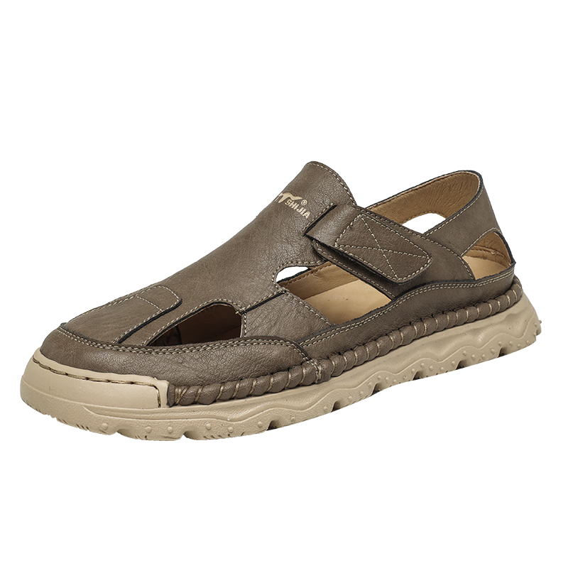 G.N.Shi Jia Men's Sandals, Summer Outdoor Wear, Hollow Leather Shoes, Men's Closed-Toe Beach Shoes, Casual Slippers