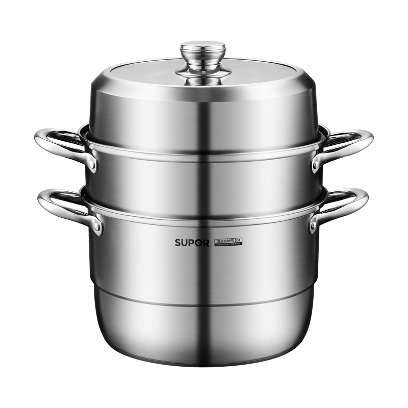 SUPOR Steamer Pot, 304 Stainless Steel, Three-Layer Base, 26cm, for Steaming Fish, Compatible with Induction Cookers, Steamer Basket, EZ26YAS01