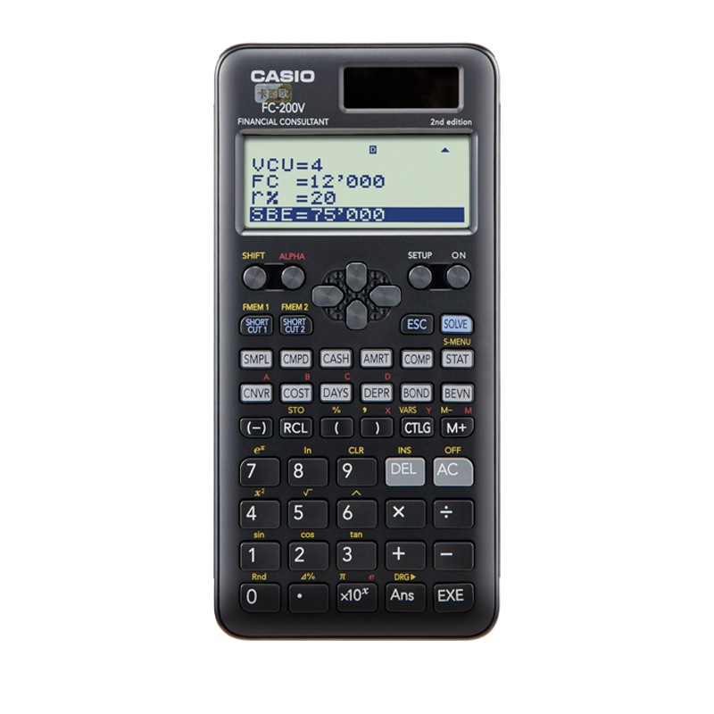 CASIO Financial Management Calculator for Accounting And Finance Exam Preparation And Study, Solar-Powered Dual Power Supply with Built-In 12 Financial Formulas, FC-200V