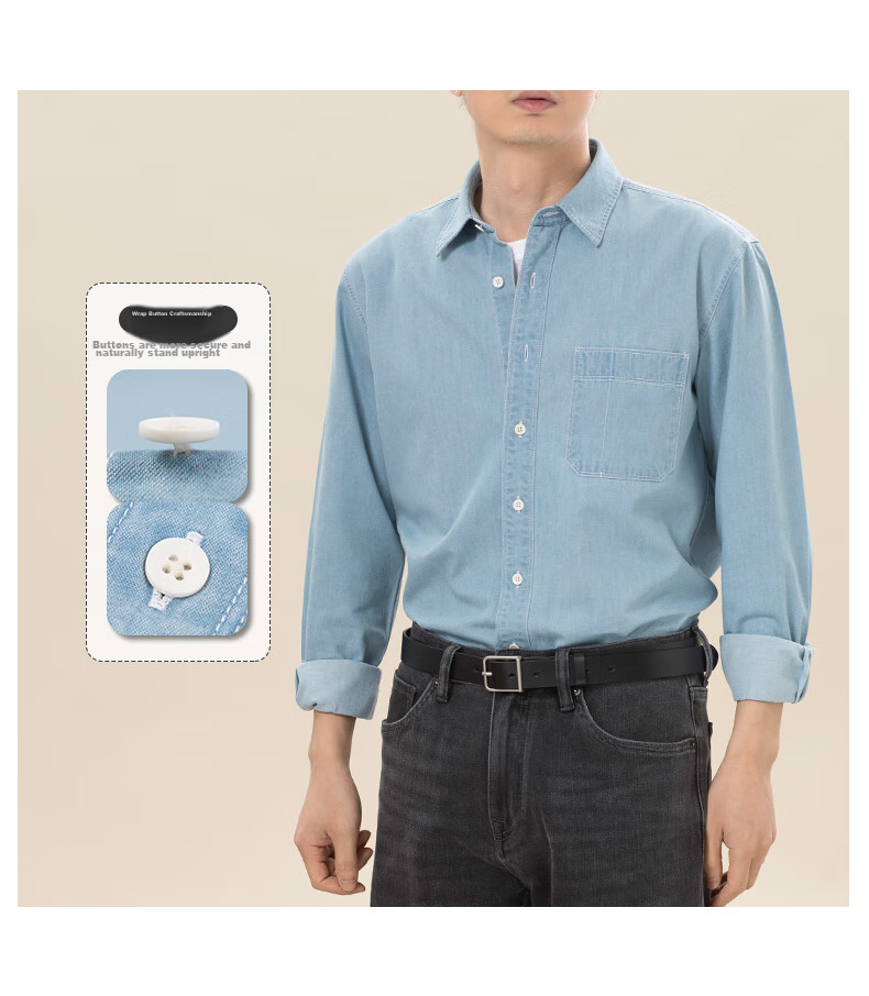 BLACKMONDAY Pure Cotton Vintage Washed Denim Shirt, Men's Business Formal Wear, Single Pocket Casual Long-Sleeve Shirt Jacket 8