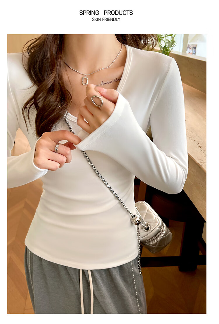 Zhuomuniao Autumn And Winter New Women's Long-Sleeve T-Shirt, Thick Fleece, Small U-Neck, Slim-Fit Top, Black, S 9