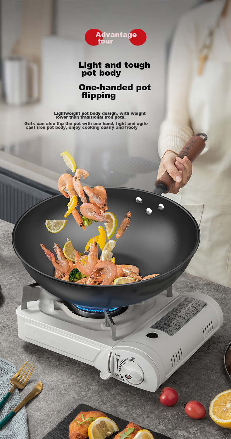 KOBACH Iron Wok without Coating, Large Capacity Stir-Fry Pan for Home Use, 34cm, Compatible with Induction And Gas Stoves 5