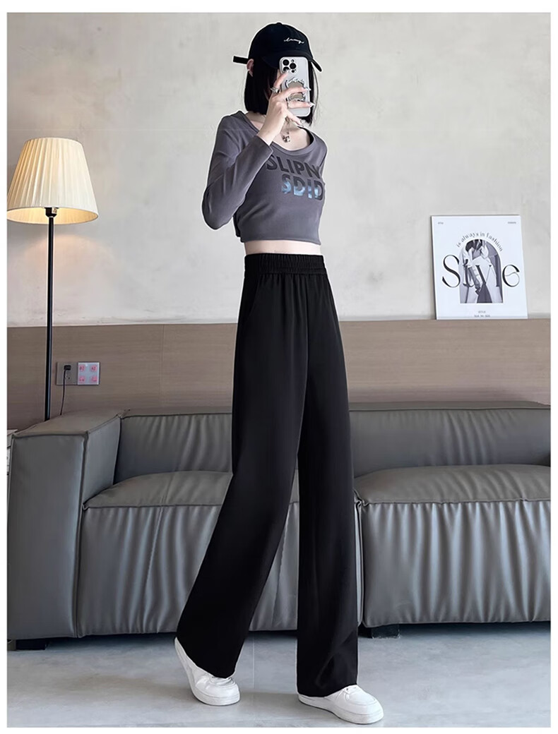 LangSha Black Straight-Leg Dress Pants, Summer Ice Silk Draping High-Waist Wide-Leg Pants for Women, Loose-Fitting Slimming Casual Trousers 15