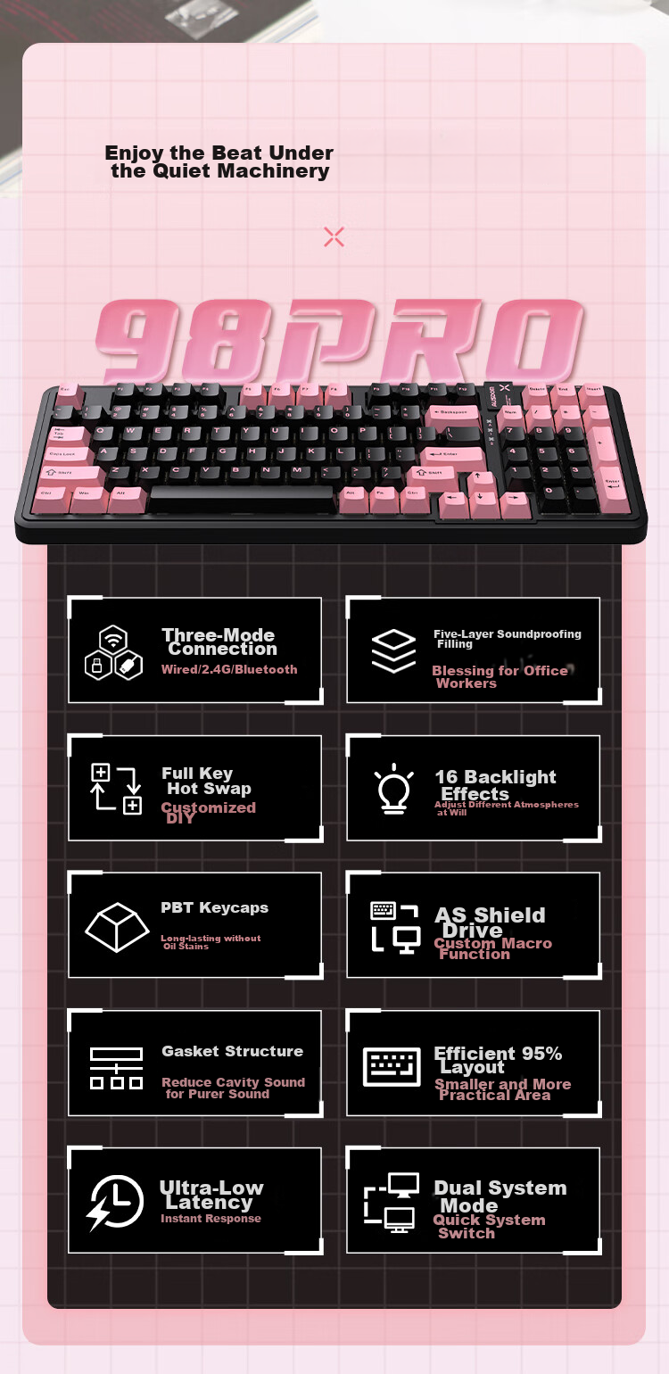 AUSDOM 98Pro Silent Wireless Mechanical Keyboard, Gaming And Office Use, Three-Mode Bluetooth Wired Customizable Keyboard, Low Latency Full Anti-Ghosting Gasket Structure, 98 Keys - Black And White 2