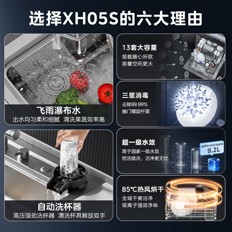 美的（Midea）13套集成洗碗机XH05S 集成水槽洗碗机一体式 水槽式洗碗机 智能洗杯器 宽屏瀑布水 洗碗机水槽一体 【新品】洗杯器+瀑布水XH05S