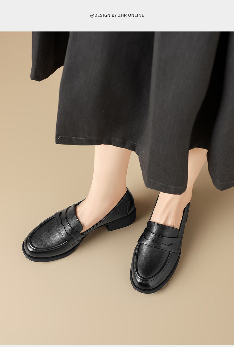ZHR Top-Grain Leather Loafers for Women, Chunky Heel Commuter Leather Shoes, Slip-On Soft-Soled Flats for Women KM03 Black Size 40 6