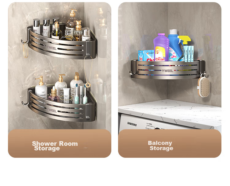 Yweel Space Aluminum Bathroom Corner Basket, No Drilling Required, Bathroom Storage Rack, Home Shower Room Shampoo Holder, 997573 13