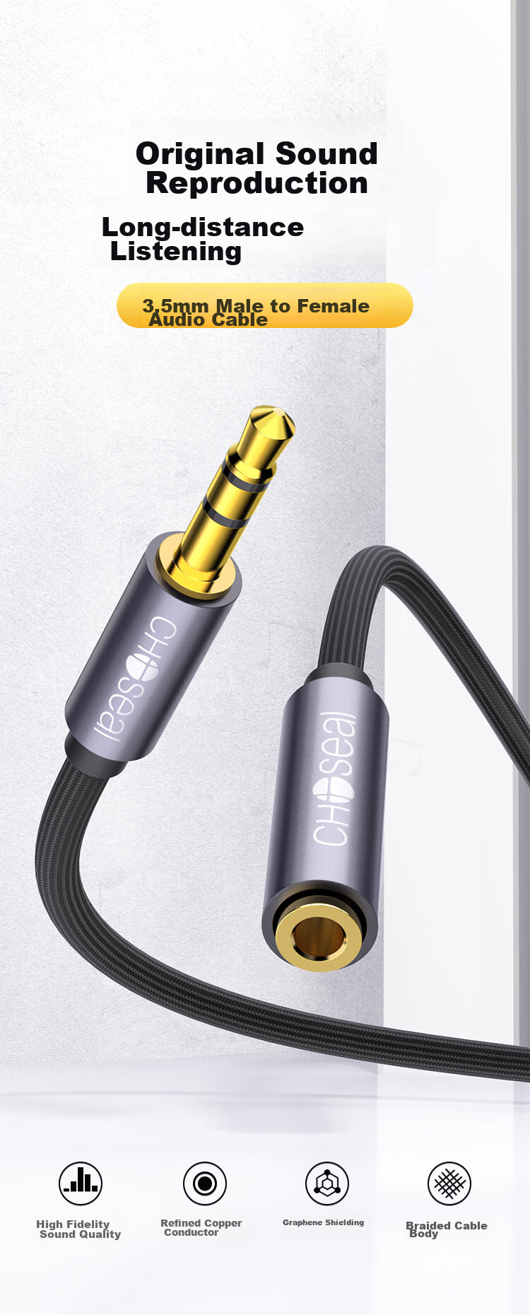 CHOOSEAL (CHOSEAL) 3.5mm Audio Extension Cable, Graphene Shielding, Male to Female Headphone Connection, AUX Stereo Extension Cord for Mobile Phones, Computers, Laptops, Speakers, 2 Meters, QS3567T2 1