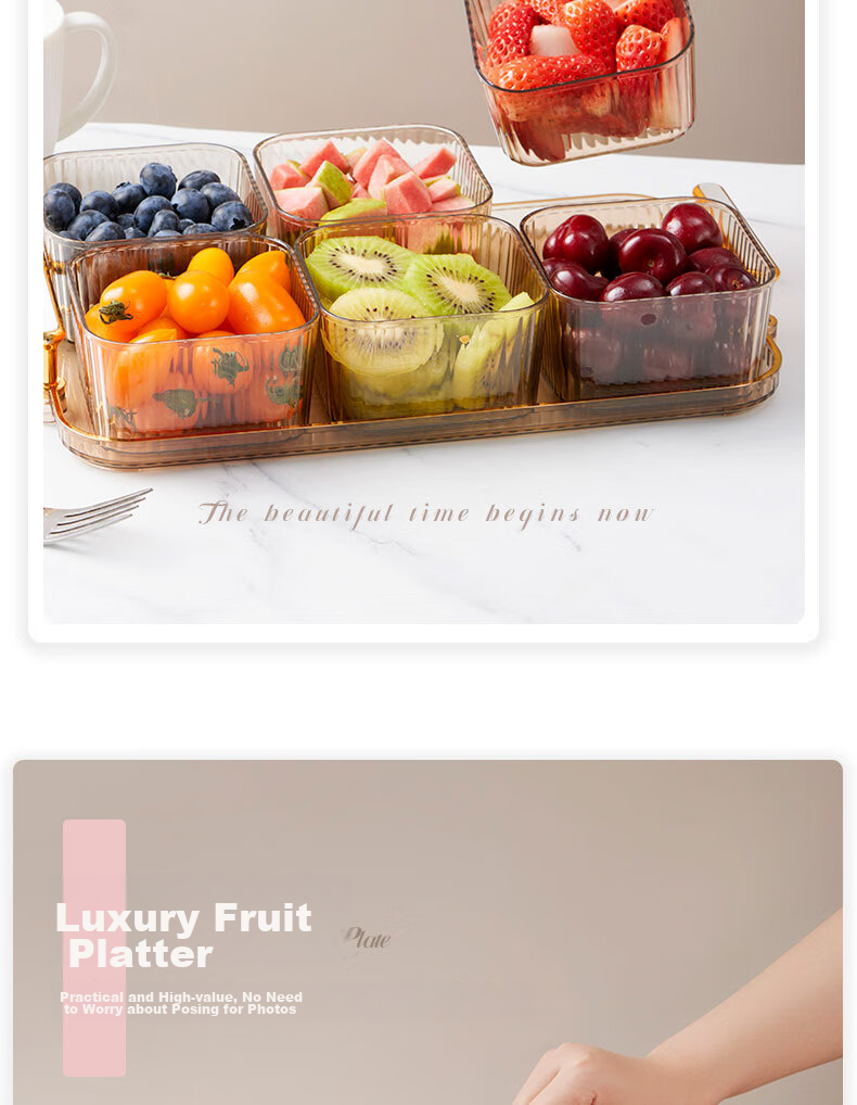 BJ Fruit And Nut Dish with Lid, High-End Divided Plate for Home Use, Candy Snack Luxury Dessert Tray, 6 Compartments, Champagne Color 8