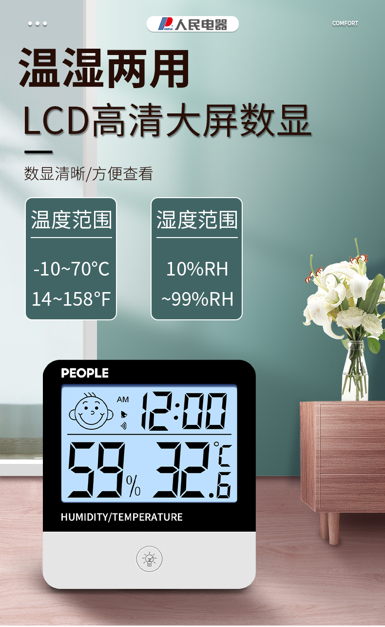 People Indoor Thermometer Electronic Temperature Meter Baby Room Wall-Mounted Greenhouse High-Precision Temperature and Humidity Meter Black Backlight 1