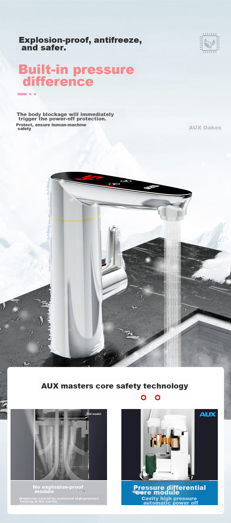AUX Electric Water Heater Faucet, Bathroom Sink Hot And Cold Dual-Use Smart Digital Display Fast Heating Kitchen Treasure Instant Electric Water Heater, Bottom Water Inlet WT1X3 Stainless Steel Body 12