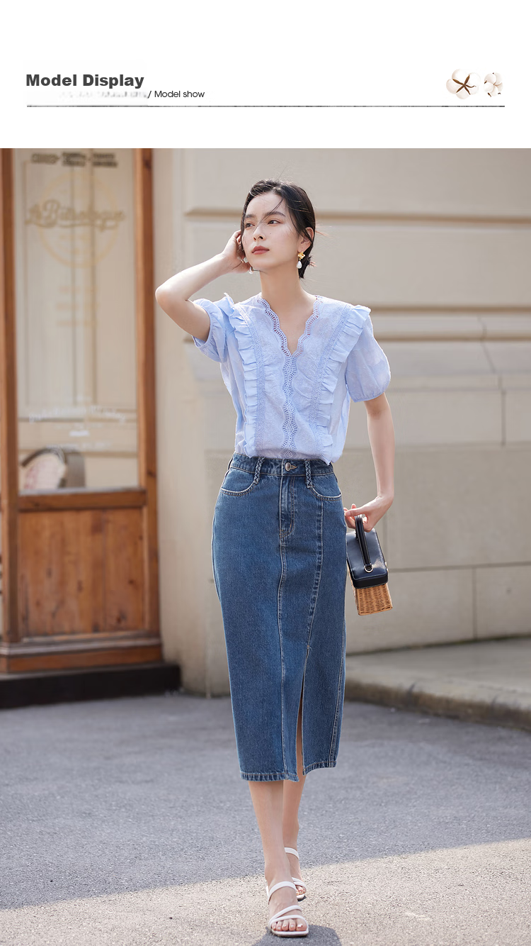 INMAN INMAN Lace Pure Color V-Neck Blouse, 2026 Summer New Arrival, Puff Sleeve Short-Sleeve Top, Pearl White, XL 19