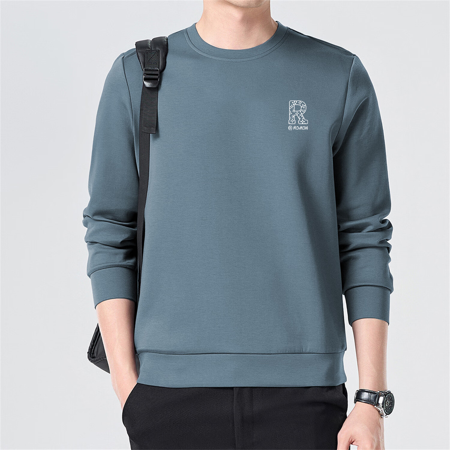 ROMON Men's Sweatshirt Spring Autumn Casual Simple Loose Pullover Crew Neck Long Sleeve T-Shirt Base Layer Jacket WY02 Navy Blue L 12