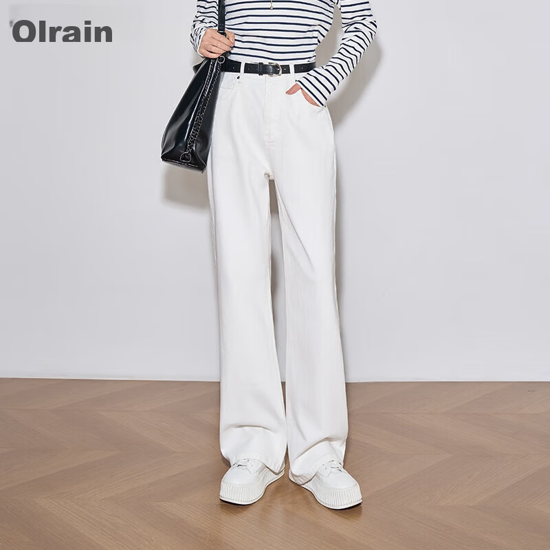 Oulain Narrow Jeans for Women, Autumn High-Waisted Loose Casual Straight-Leg Wide-Leg Pants, Off-White, Size L
