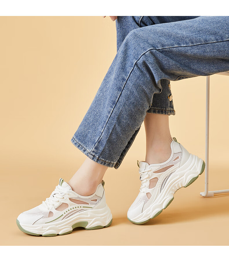 DAPHNE Women's Versatile Sports Casual Shoes, Breathable Mesh Upper, Lightweight Comfortable Thick-Soled Dad Shoes, White Silver, Size 34 9