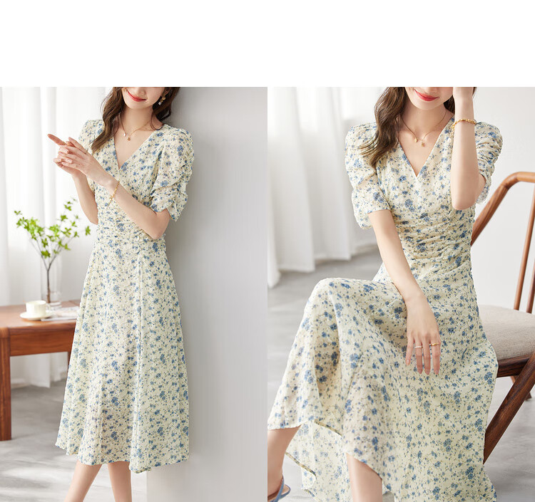 Sentubila Summer French Floral Print Dress, Puff Sleeve Tea Break Dress, Elegant Goddess Style Skirt, Apricot Base with Blue Flowers, M Size 15