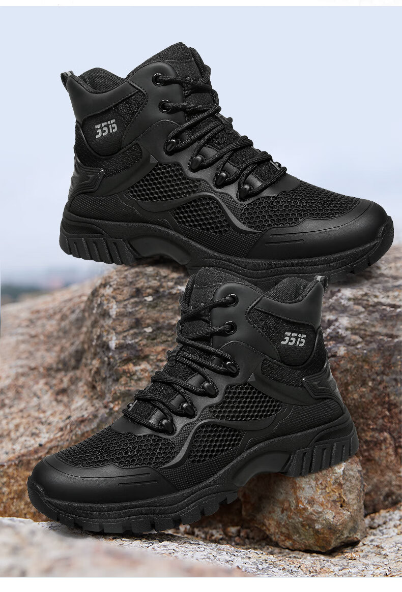 Qiangren Men's Boots, Jihua 3515 Outdoor Training Boots, Kevlar Puncture-Resistant Hiking Sports Boots, JDS007, Black, Size 42 12