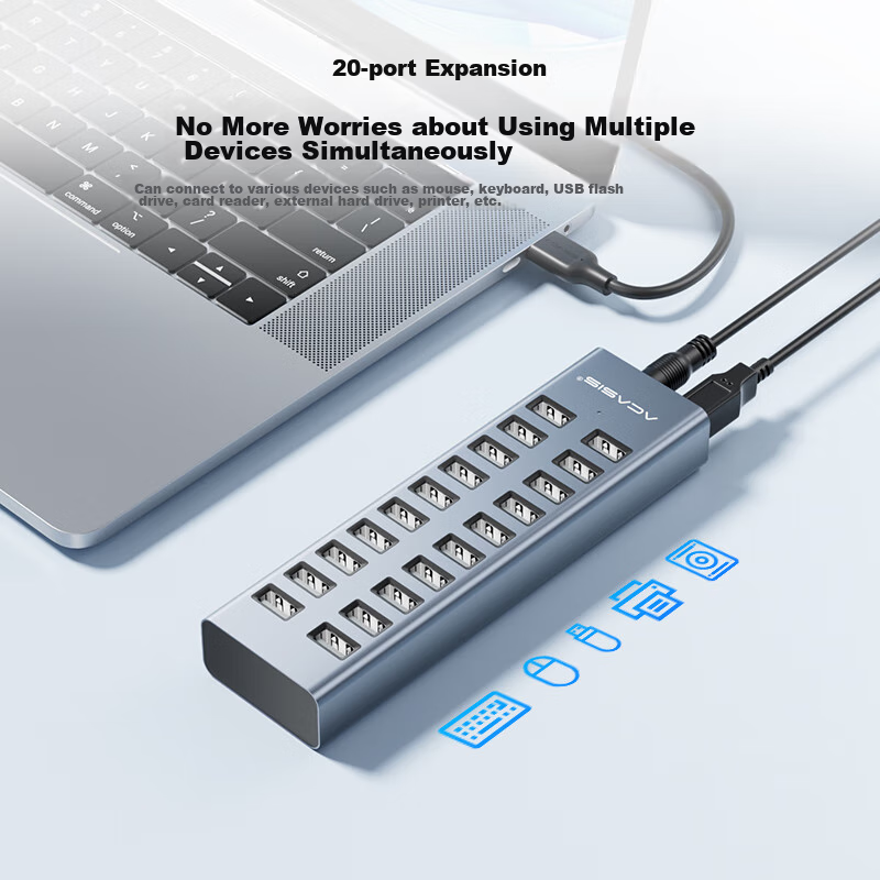 USB-хаб Acasis H037 на 20 портов USB 2.0 с блоком питания 90 Вт, алюминиевый корпус, для ноутбуков и ПК