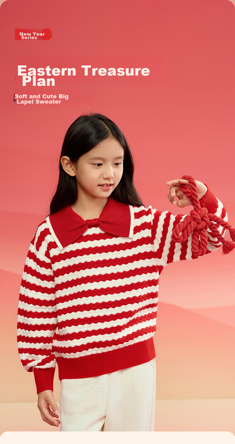 BALABALA Girls' Sweater, Children's Knitwear, Spring And Winter Striped Sweater, Bow-Tie Inner Layer Top 2