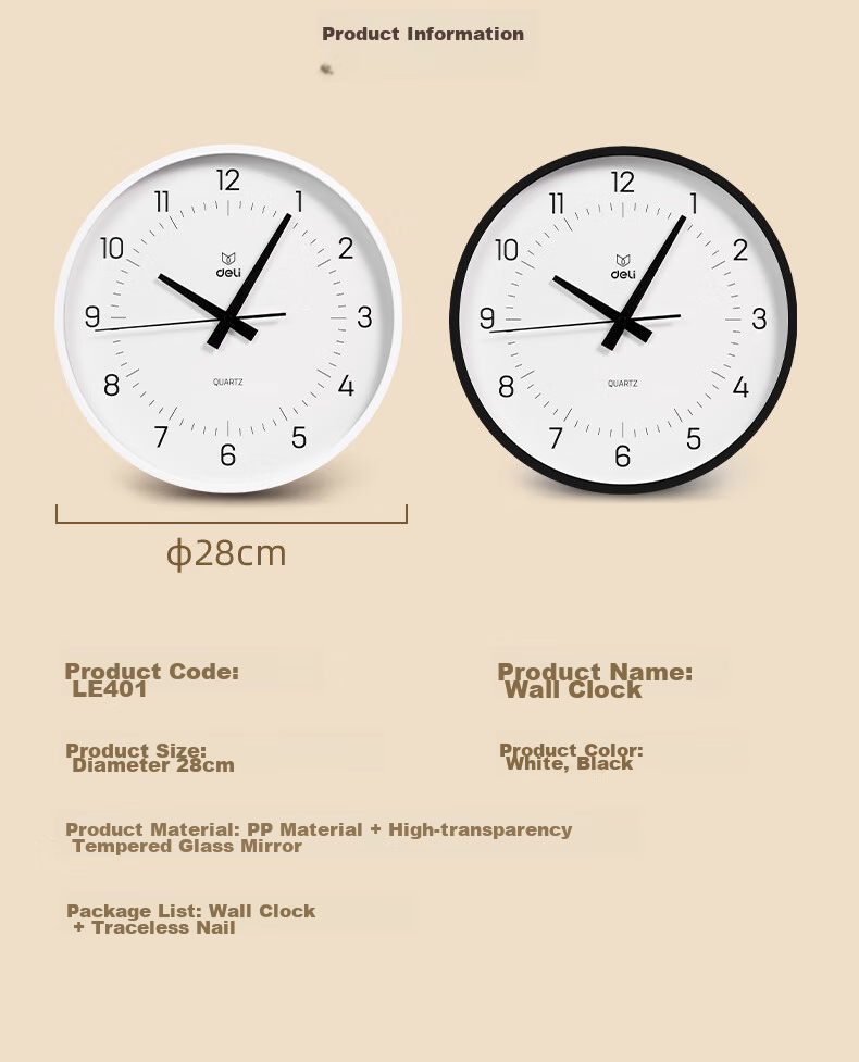 Deli Simple And Stylish Wall Clock, Bedroom Living Room Time Reminder, No Drilling Required Good Value, White LE401 Back-To Seaso 14