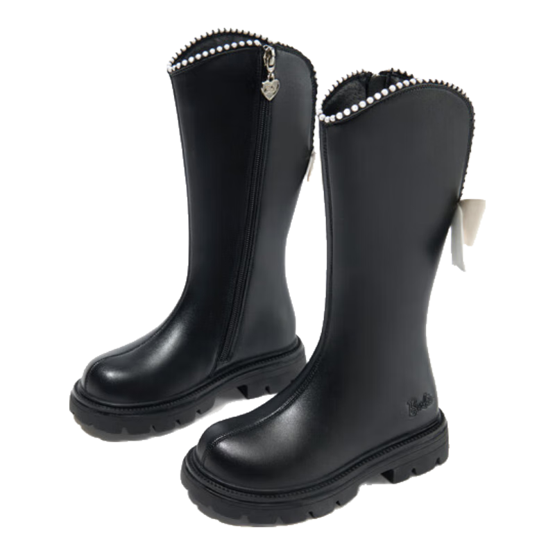 Barbie Girls' Fashion High-Top Leather Boots with Bow, Single-Lined Long Boots DA6096 Black Size 37