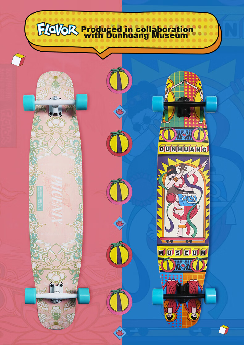 Flavor Boiling Point Dunhuang Collaboration Skateboard, Longboard, Professional Board for Beginners, Dancing Street Board, Dance Board, Pink Patter 1