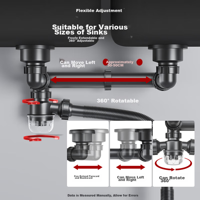 Larsd 9129 Kitchen Sink Double Basin Drain Kit, Vegetable Washing Basin Anti-Odor Drain Pipe, Rear-Mounted Space-Saving Accessories