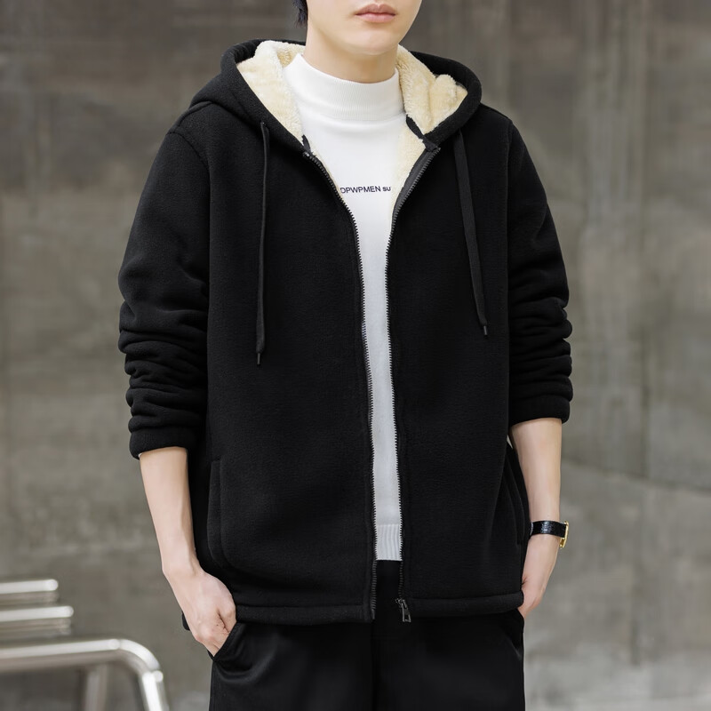 Dingfengbaoluo Solid Color Hooded Cardigan Men's Jacket Winter Fleece Lined Trendy Warm Casual Outerwear BY18 Black 3XL