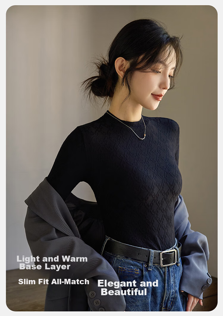 LangSha Base Layer T-Shirt for Spring And Summer, Thin Fit, Waist-Cinching, Women's Warm Black And White Slimming Round Neck Undershirt, Long-Sleeve Top 9