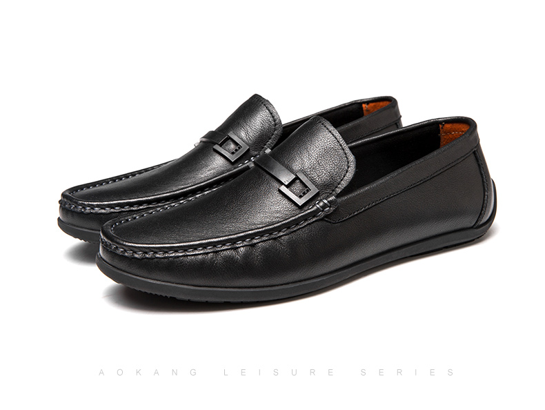 Aokang Business Casual Leather Shoes, Comfortable Soft Sole Driving Shoes, Low-Top Slip-On Loafers, Lazy Slip-Ons, Black, Size 39 12