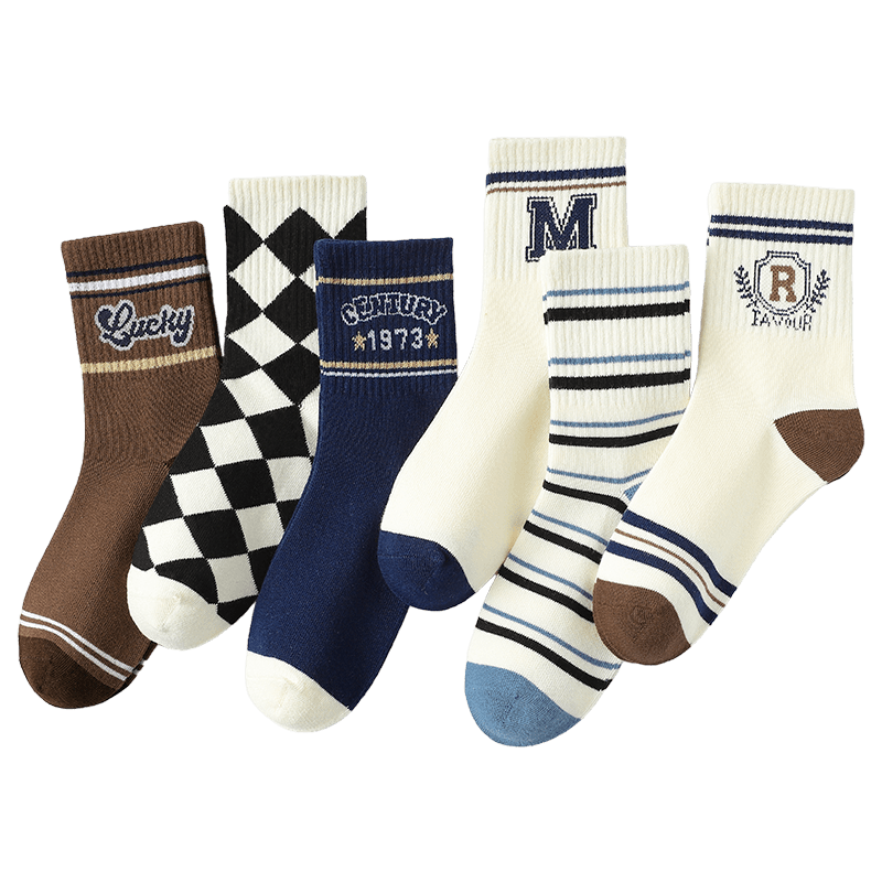 Bingxuemumian Children's Socks for Boys, Spring And Autumn Mid-Calf Cotton Socks, Winter 6 Pairs, for Older Boys, Preppy Style, Seamless Trendy Short Socks