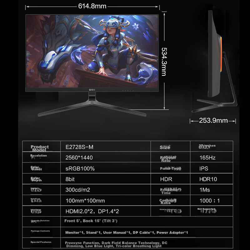 IPASON, 27-Inch, 2K, 165Hz High Refresh Rate, Gaming LCD Monitor, HDMI+DP