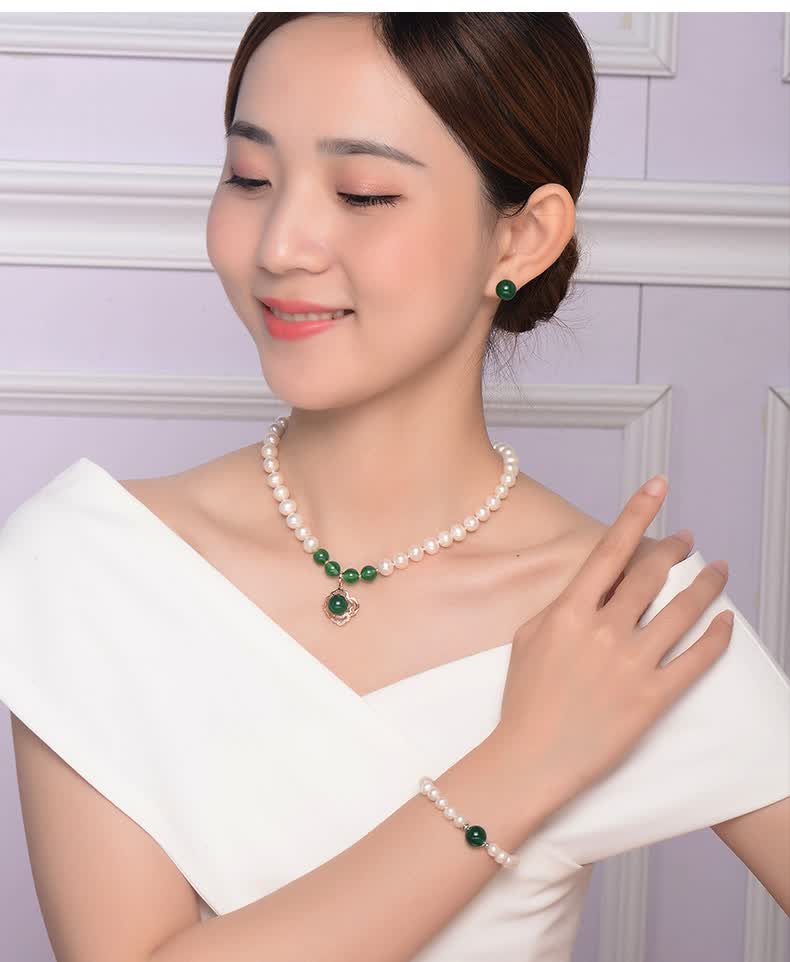 蒂蔻珍珠项链妈妈款首饰锁骨链翡翠佛绿玉髓吊坠银扣子雅时尚淡水大颗