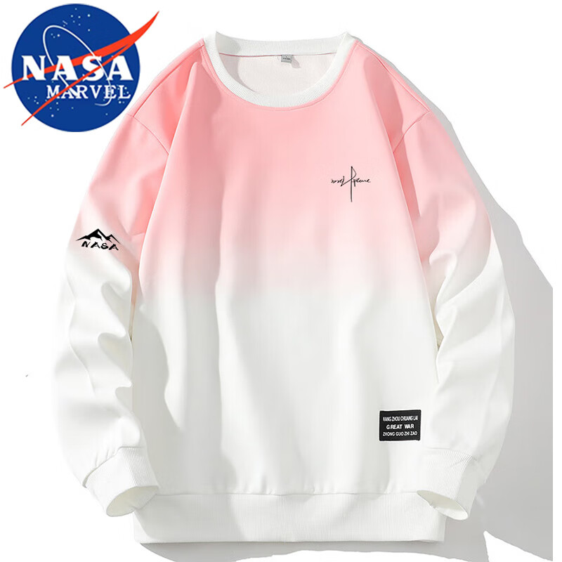 NASA MARVEL Sweatshirt for Men, Spring And Autumn T-Shirt, Round Neck Top, American Style Sports Trendy Gradient Loose Undershirt, White And Pink, XL