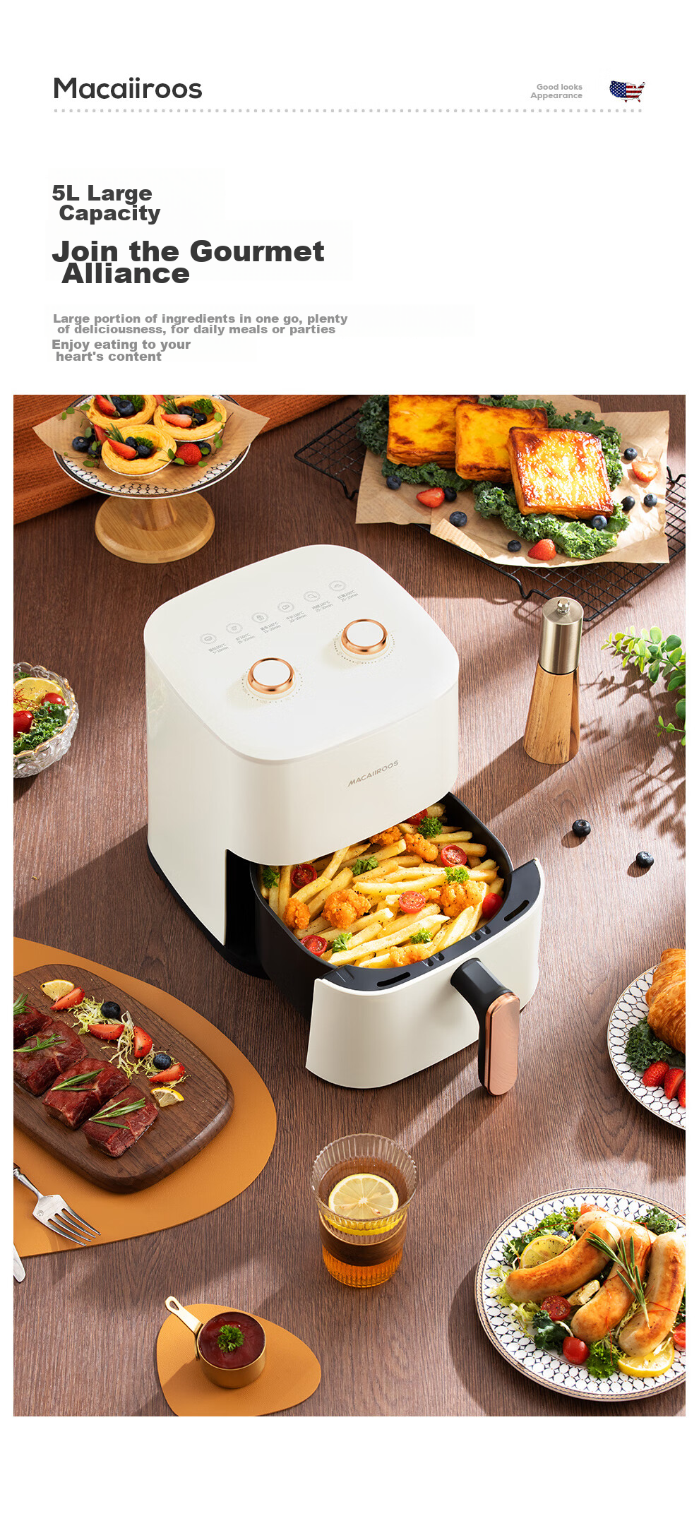 Macaiiroos Air Fryer 6L Large Capacity Home Use Steam Fryer with Visible Window Touchscreen Smart Timer Multifunction Oil-Free Low-Fat High-Power Non-Stick Fryer 3