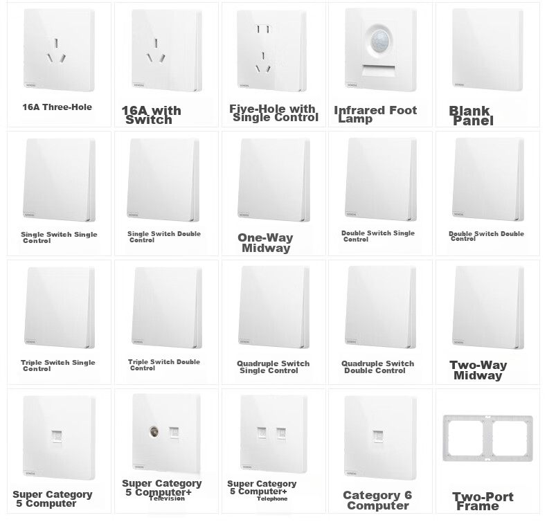SIEMENS Socket Panel Set Angled Five-Hole 10-Pack 86-Type Concealed Power Socket Bright Elegant White 3