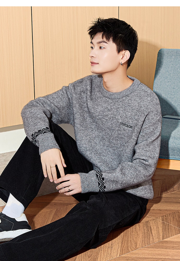 TonLion 2024 Men's Crew Neck Colorblock Pattern Knit Sweater Graphite Gray XL 7