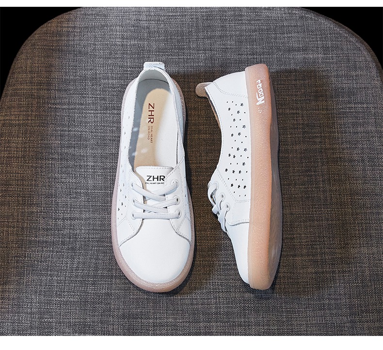 ZHR White Leather Shoes for Women with Jelly Sole, Breathable Mesh Hole Shoes, Summer Trendy Fashion Casual Versatile Flat Shoes, Soft Comfortable Low-Top Shoes for Women A66E Casual Shoes Beige 35 15