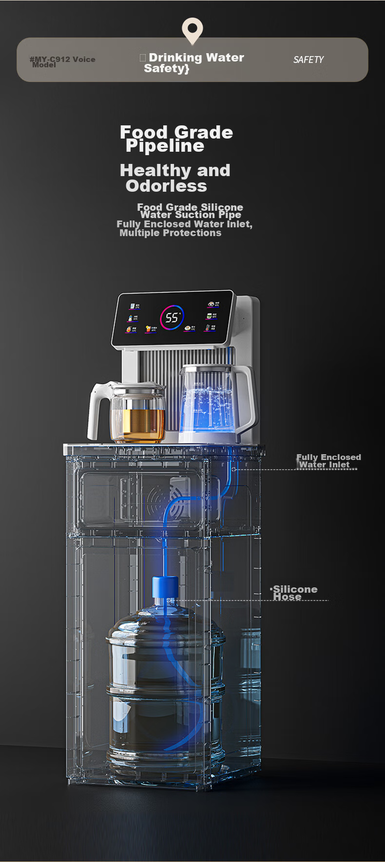 MeiLing Tea Bar Machine, High-End Smart Voice-Controlled Standing Water Dispenser with Bottom-Placed Water Tank, Automatic Hot And Cold Model MY-C912 (Voice Control Version), White 14
